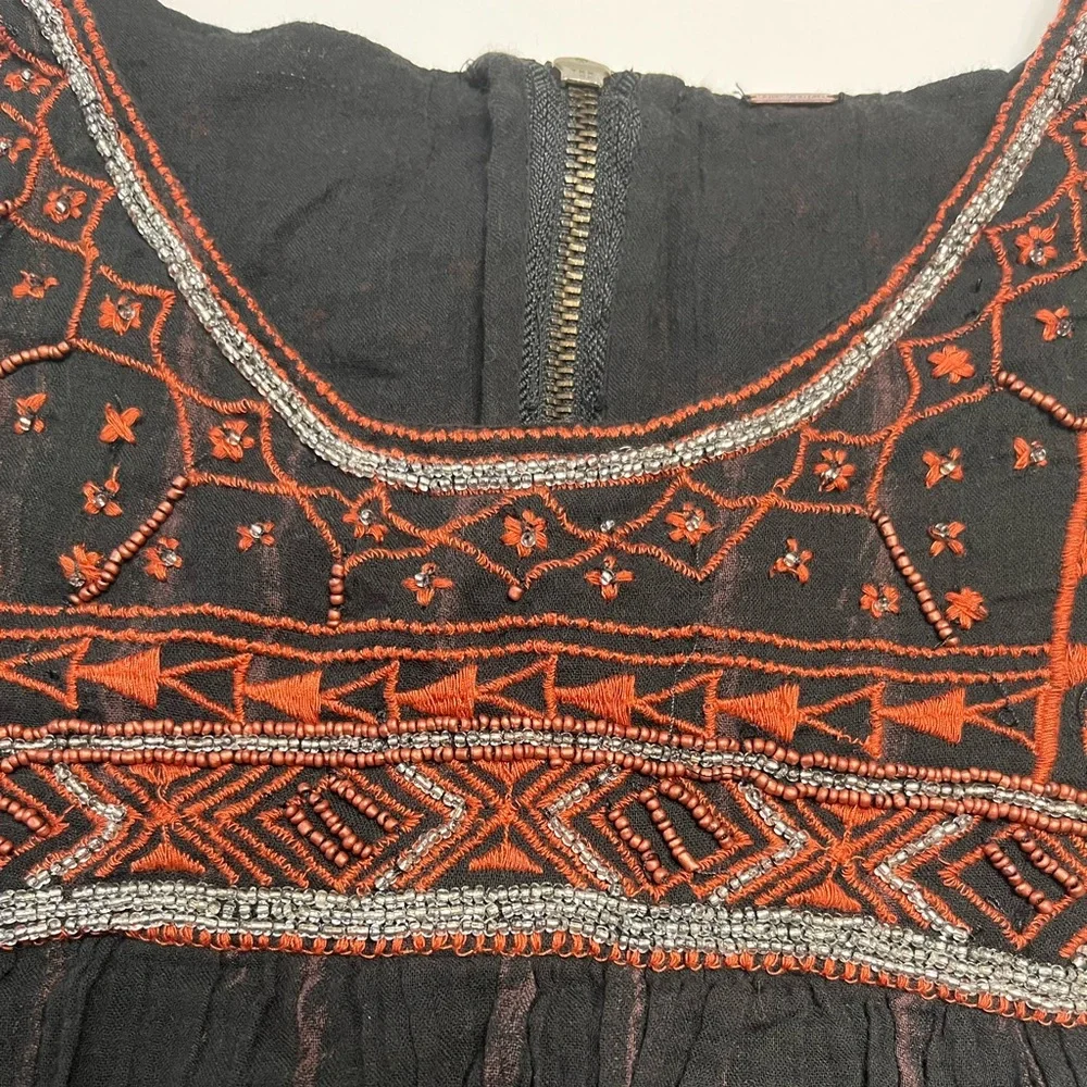 Free People Aztec Bib Beaded Embroidered Black Boho Festival Mini Dress